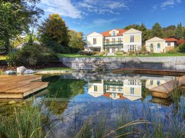 Naturteich, Villa, Swimming-Teich, Swimming-Pond, Biotop, Teich, exklusives Gartendesign, Holzsteg, Holzdeck, Palmen